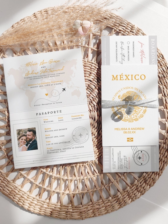 Mexico Passport Wedding Invitation Template, Wedding Passport, Mexico Invitation, Printable Passport Invitation, Canva Templates | 08