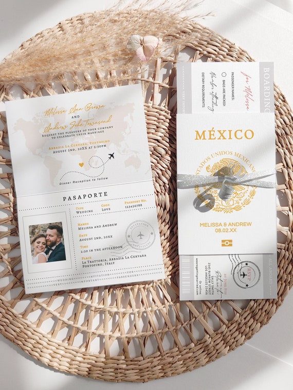 Mexico Passport Wedding Invitation Template, Wedding Passport, Mexico Invitation, Printable Passport Invitation, Canva Templates | 08