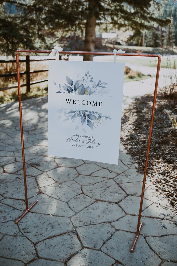 Dusty Blue Welcome Wedding Sign, Blue Themed Wedding, Garden Wedding Signs, 8 sizes, Canva Templates | 80
