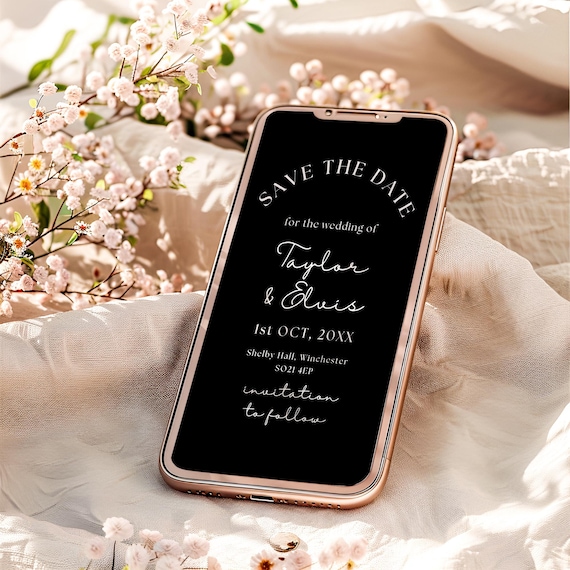 Black Phone Save the Dates, Black and White Wedding, Electronic Black Save the Dates, Canva Templates | 111B