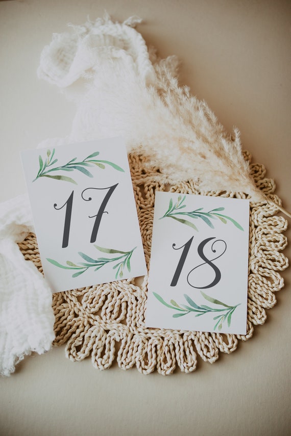 Greenery Wedding Table Numbers, Printable Numbers 1-50 in sizes 5x7" and 4x6", Two on a Page Printable Table Numbers, Download and Print