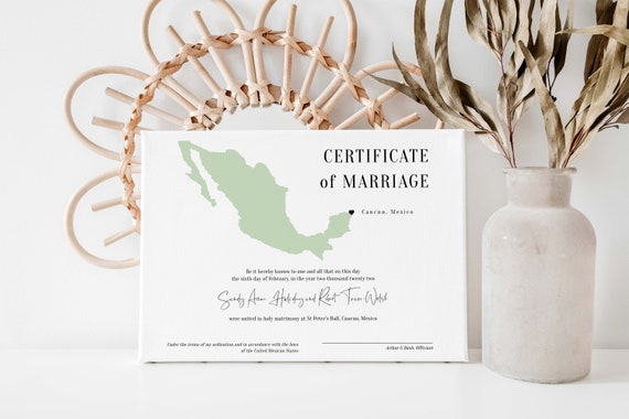 Destination - Mexican Marriage Certificate, Printable Wedding Keepsake, Certificate of Marriage, in 3 Sizes, Corjl Templates, FREE Demo