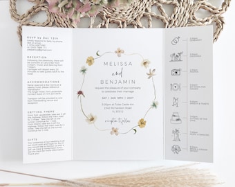 Wildflower Wedding Invitations, Printable Flower Invitation Templates, Floral Wedding Invites, Gatefold, Corjl Template, FREE Demo | 94