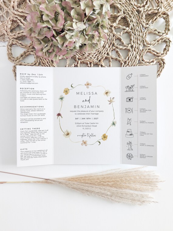 Wildflower Wedding Invitations, Printable Flower Invitation Templates, Floral Wedding Invites, Gatefold, Corjl Template, FREE Demo | 94