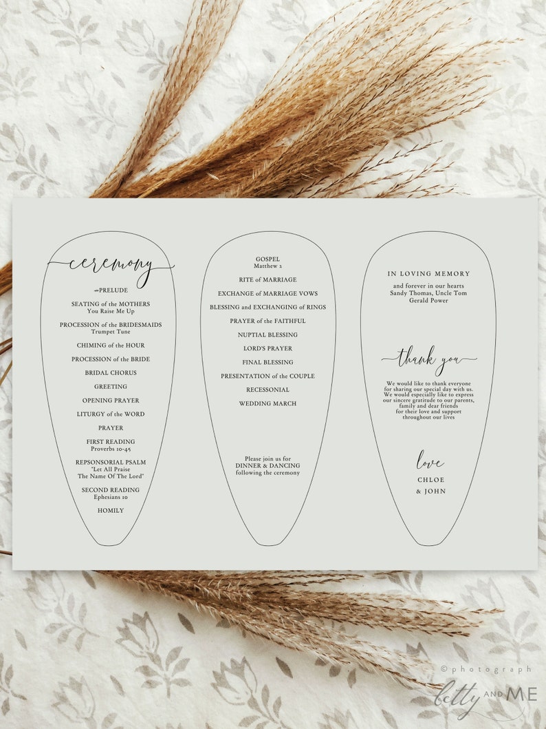 May include: A wedding ceremony program with a light gray background and a floral design. The program lists the ceremony order, gospel reading, and thank you message. The names Chloe & John are at the bottom.