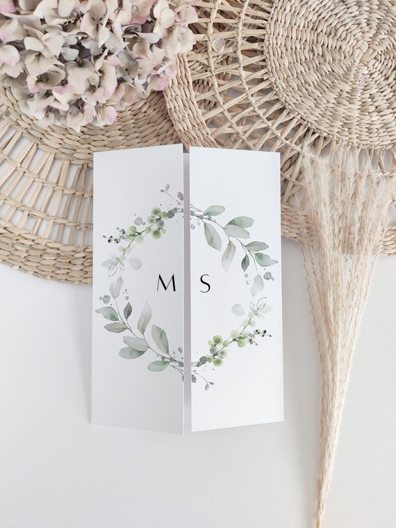 Silver & Leaf - Gatefold Wedding Invitations, Templates for Gatefold Invitations, Printable Invitations, Canva Templates | 87