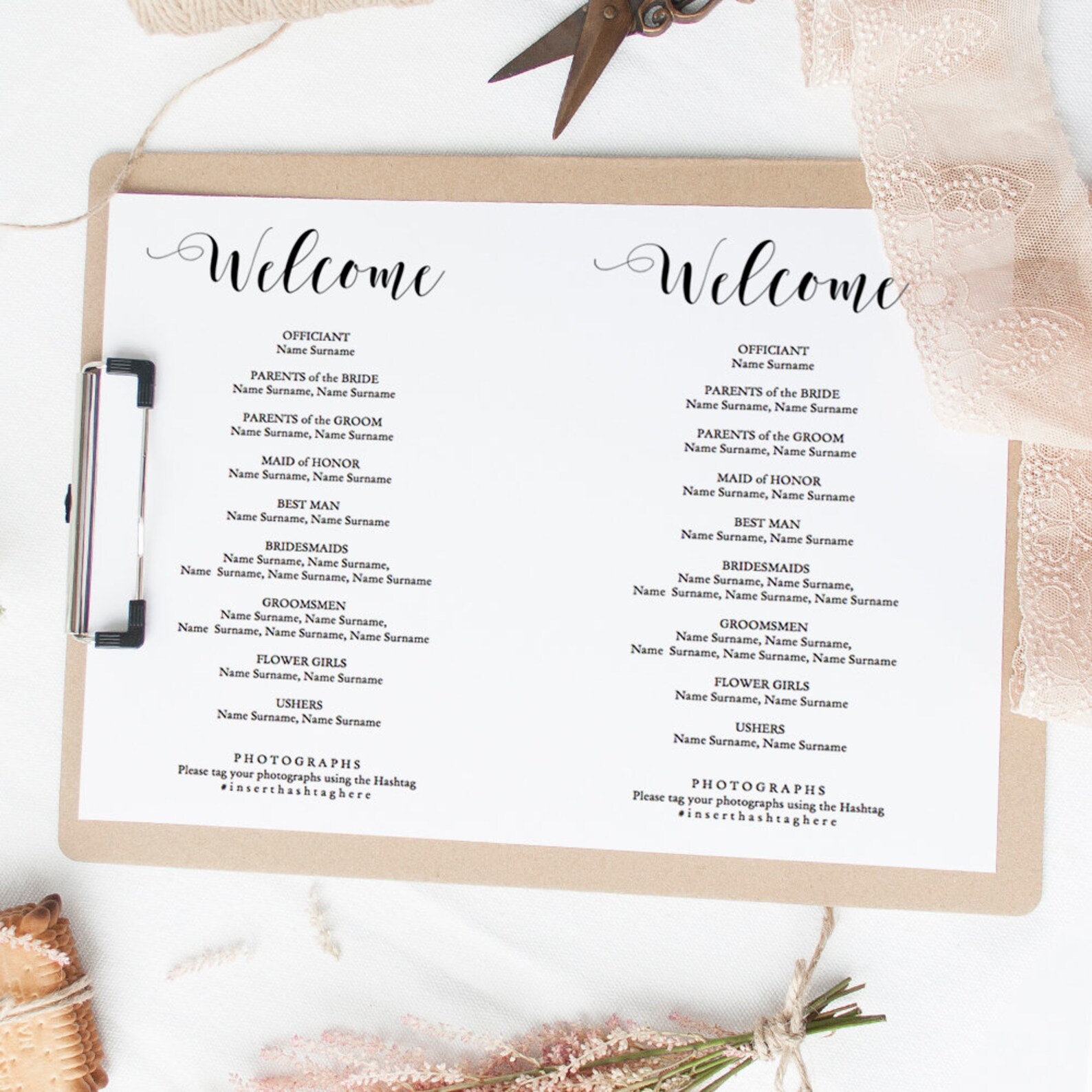 Double Sided Wedding Program Template Half Page Printable | Etsy