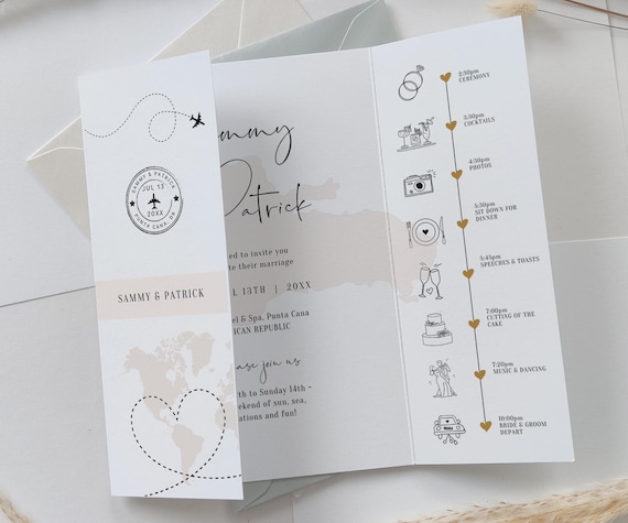 Dominican Republic Wedding Invitations, Punta Cana, Folded Gatefold Invitation Templates, Destination Wedding, Canva Templates