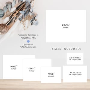 May include: A digital download of printable templates for creating invitations, cards, or other paper goods. The image shows different sizes of templates, including 20x16 inches, 16x12 inches, 14x11 inches, and 10x8 inches. The text "Choose to download as PDF, JPG or PNG" and "Easy to use CANVA templates" is also included.