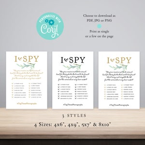 I Spy Wedding Game, I Spy Printable Sign, Wedding Signs 4x6, 4x9, 5x7 and 8x10, Disposable Camera, Greenery, Corjl Template, FREE Demo image 7