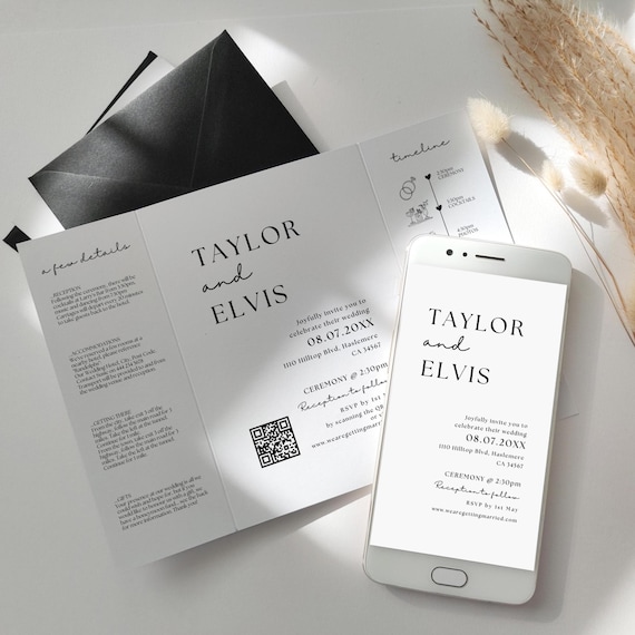 Minimalist Gatefold + Phone Wedding Invitations, Evite and Printable Wedding Invites, Modern Minimalist Wedding, Canva Templates | 111W