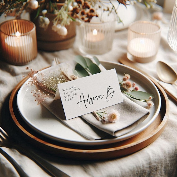 We are So Happy You're Here Place Cards, Minimalist Wedding, Minimalist Place Cards, Flat and Folded, Canva Templates | 90