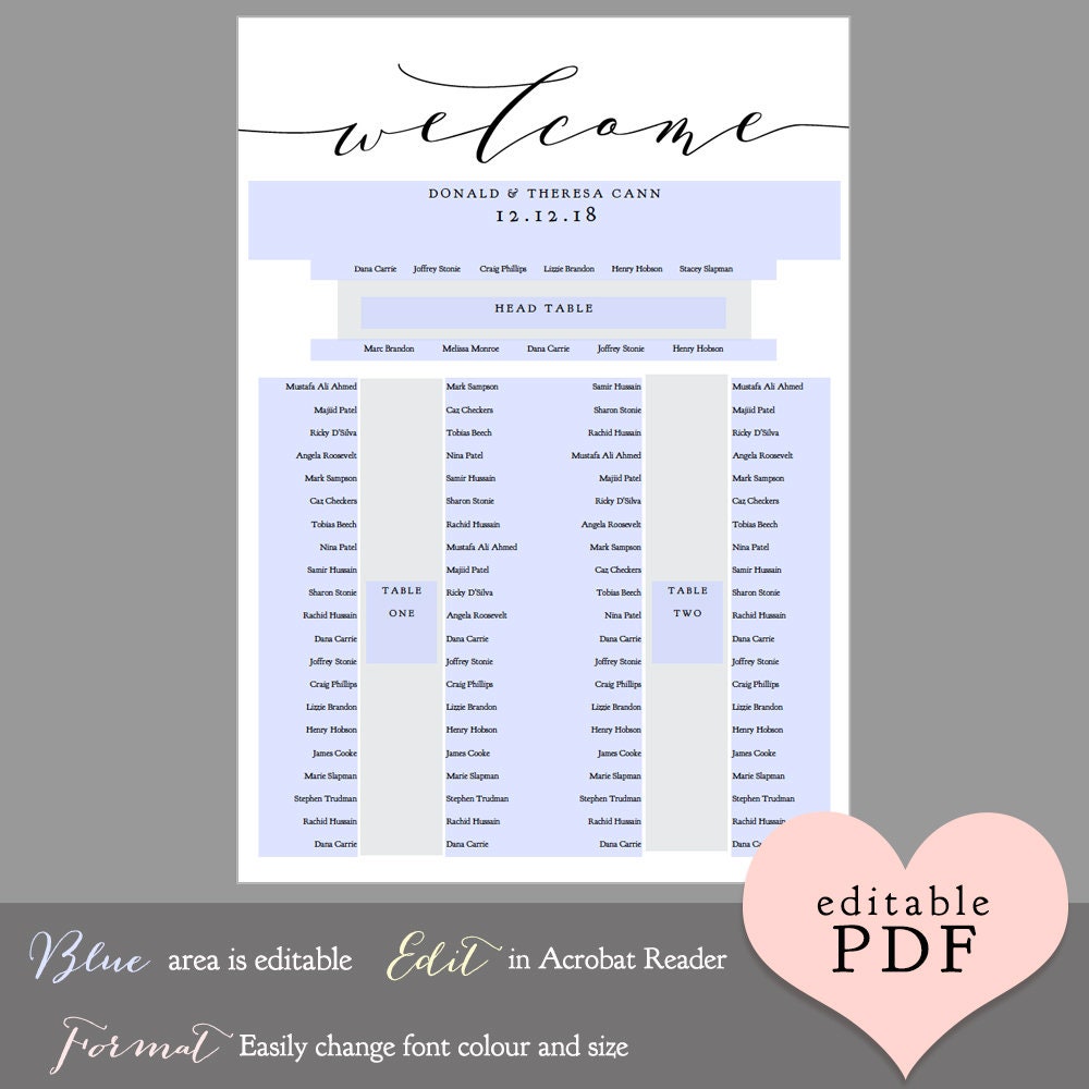 2 tables plus top table Seating Plan Template, DIY Printable Portrait