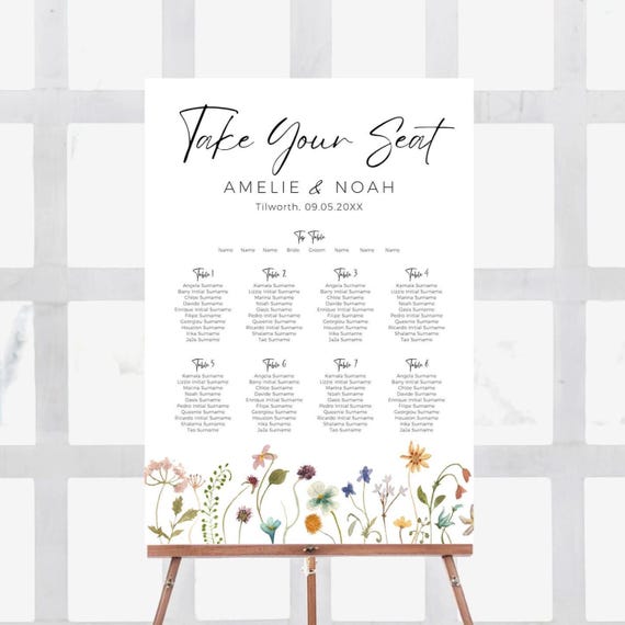 Wildflower Wedding Table Plan Sign, Floral Canva Template, 94FB