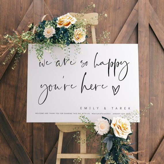 Wedding Welcome Sign, Wedding Decor, We Are So Happy You're Here, Printable Wedding Signs, Modern Minimalist Canva Template | 86