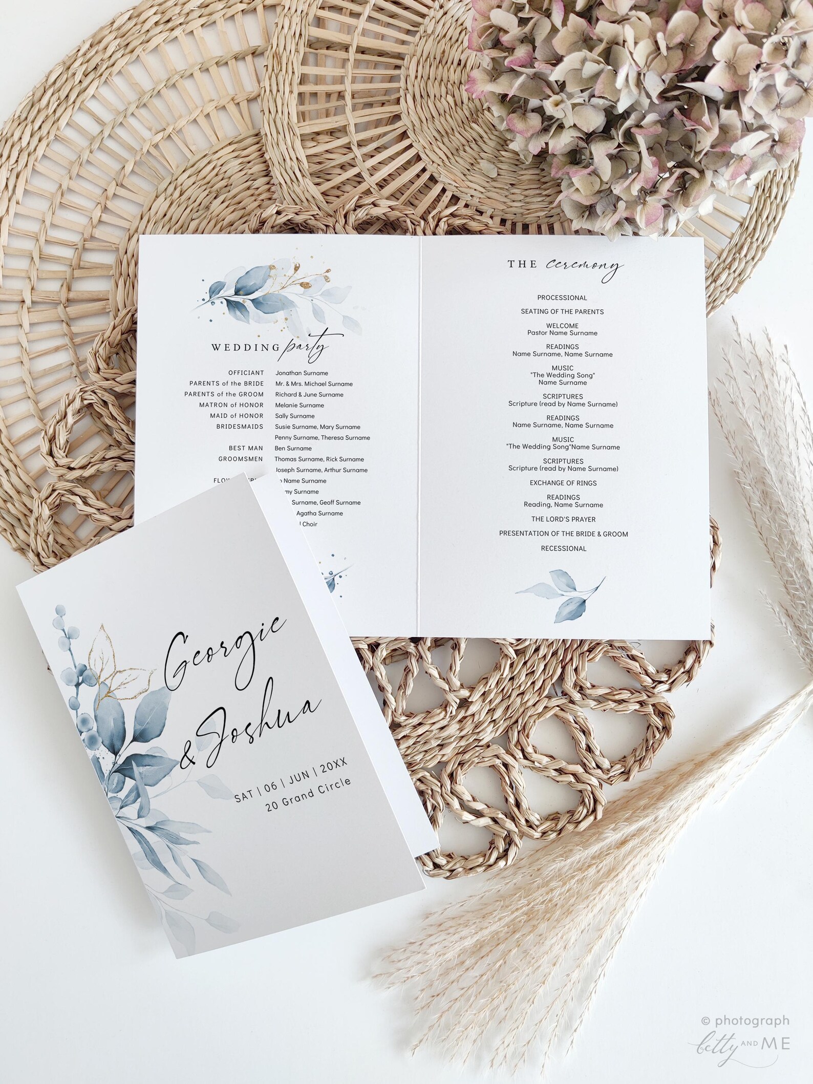 Dusty Blue Folded Wedding Program Booklets, Printable Blue Wedding