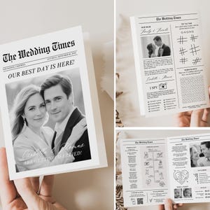 Puede incluir: Un anuncio de boda en blanco y negro al estilo de un periódico. El titular dice "¡Nuestro mejor día está aquí!" y presenta una foto de la pareja. El anuncio también incluye los nombres de la pareja, "Csabella & Thomas", y el texto "¡Se casan!"