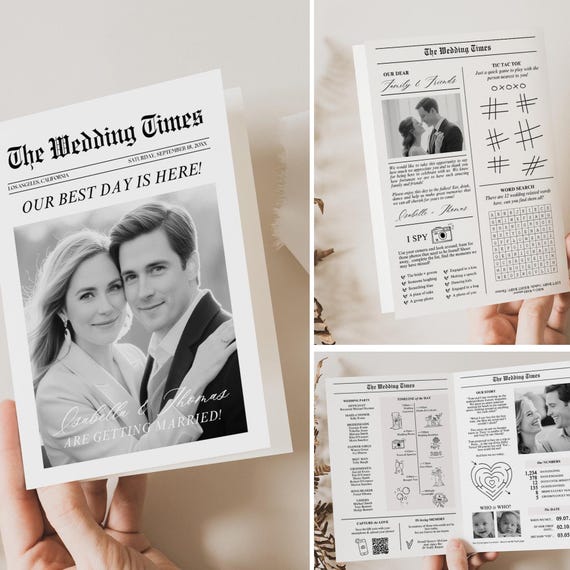 Canva Folded Wedding Newspaper, Wedding Games, Printable Wedding Program Template, Infographic Ceremony Newspaper, Canva Template