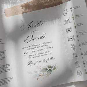 Elegante Hochzeitseinladungen Torfaltung, Salbei Grüne Hochzeit, Grüne Torte Hochzeitseinladungen, Canva Template | 80G