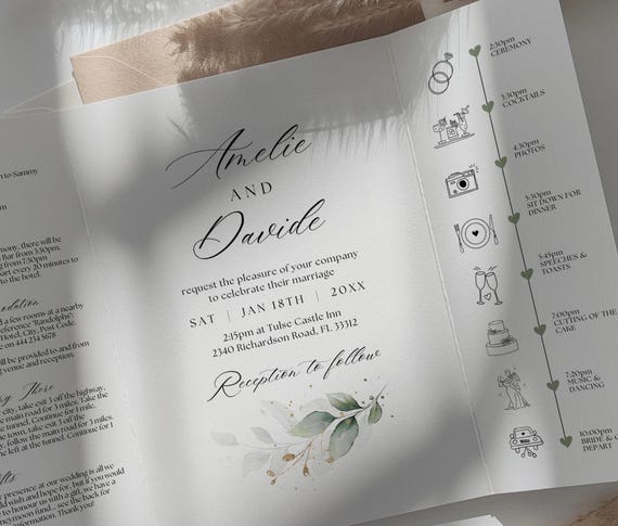 Elegant Gatefold Wedding Invitations, Gatefold Invitations, Sage Green Wedding, Greenery Gatefold Wedding Invites, Canva Template | 80G