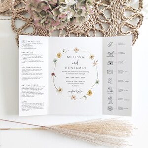 May include: A tri-fold wedding invitation with floral accents. The invitation features the names "Melissa and Benjamin" and event details. The design includes a timeline of events and RSVP information. The invitation is on a white background.