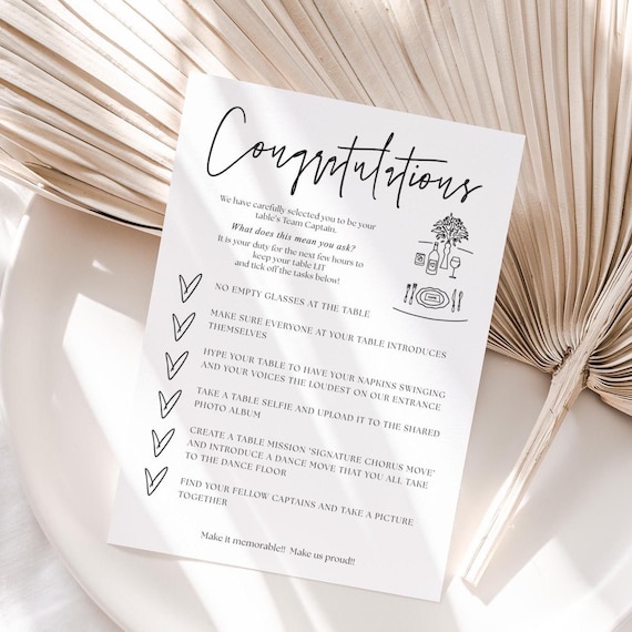 Team Captain Table Cards, Wedding Reception Game Ideas, Canva Template | 88