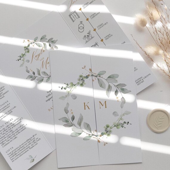 Gatefold Wedding Invitations with a Wreath Design, Timeline and Information, Canva Template | 80G