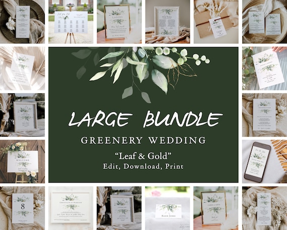 Leaf & Gold - Large Wedding Template Bundle, Greenery Wedding Invitation Bundle, Printable Wedding Suite, Corjl Templates, FREE Demo