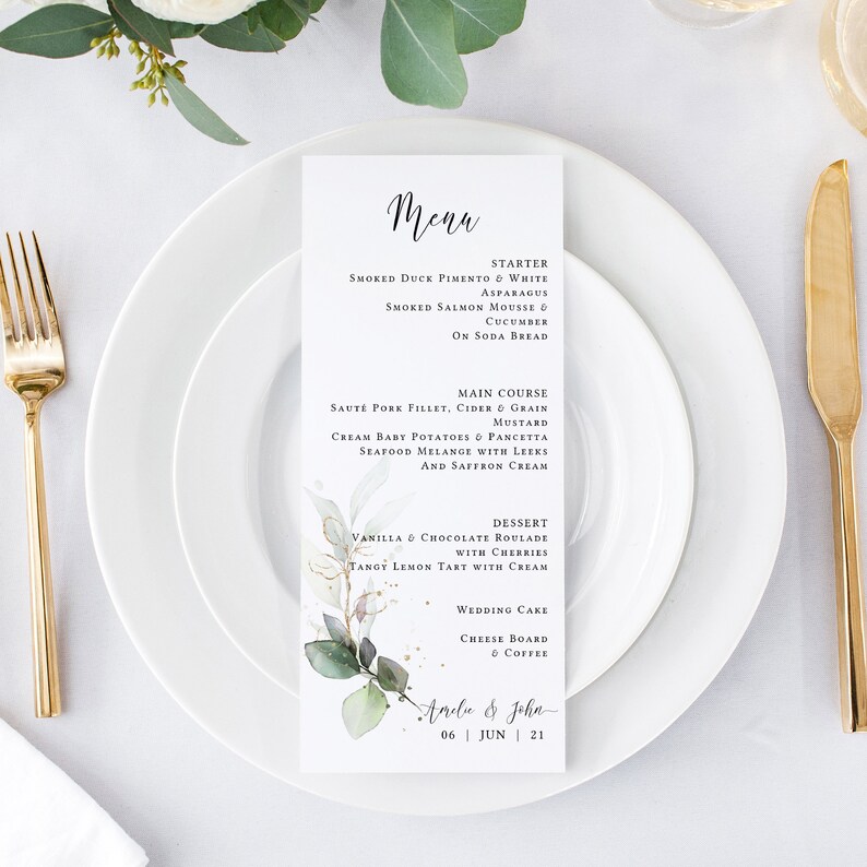 Leaf & Gold Beautiful Greenery Menu Cards, Printable Greenery Menus, Botanical, 4x6, 5x7, 4x9, Corjl Templates, FREE Demo image 1