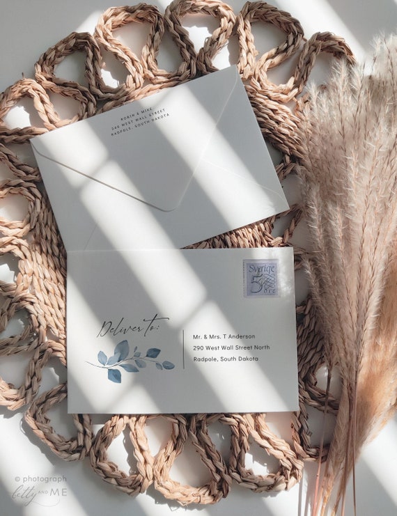 Dusty Blue Wedding Envelope template, 5x7" envelope template, with a beautiful dusty blue design, Canva Templates | 80