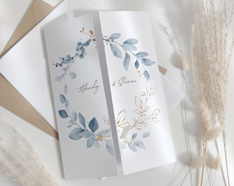 Dusty Blue Gatefold Wedding Invitations, Templates for Blue Gatefold Invitations, Printable Invitations, Canva Templates | 80 Dusty Blue