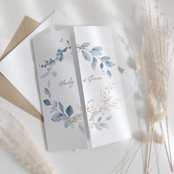 Dusty Blue Gatefold Wedding Invitations, Templates for Blue Gatefold Invitations, Printable Invitations, Canva Templates | 80 Dusty Blue