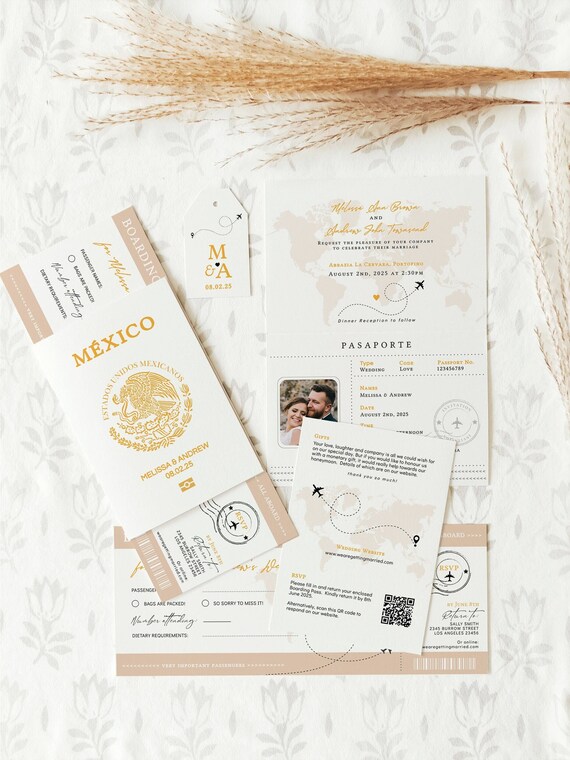 Mexican Passport Wedding Invitation Template Suite, Mexico Invitation, Printable Passport Invitation, Canva Templates | 08