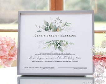 Leaf & Gold - Certificate of Marriage, Greenery Marriage Certificate Template, Wedding Keepsake, 5 sizes, Canva Templates