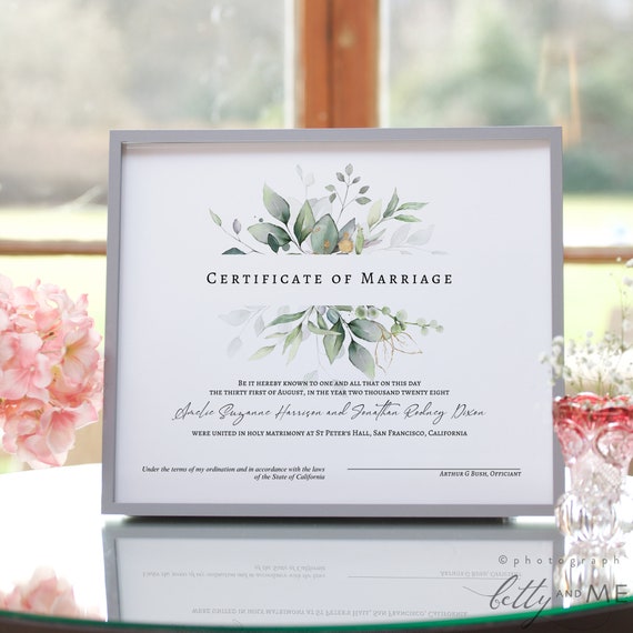 Leaf & Gold - Certificate of Marriage, Greenery Marriage Certificate Template, Wedding Keepsake, 6 sizes, Canva Templates