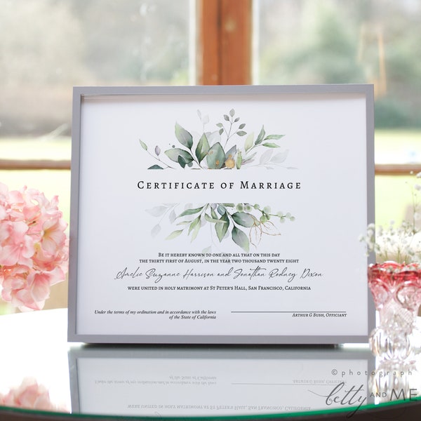 Leaf & Gold - Certificate of Marriage, Greenery Marriage Certificate Template, Wedding Keepsake, 5 sizes, Canva Templates