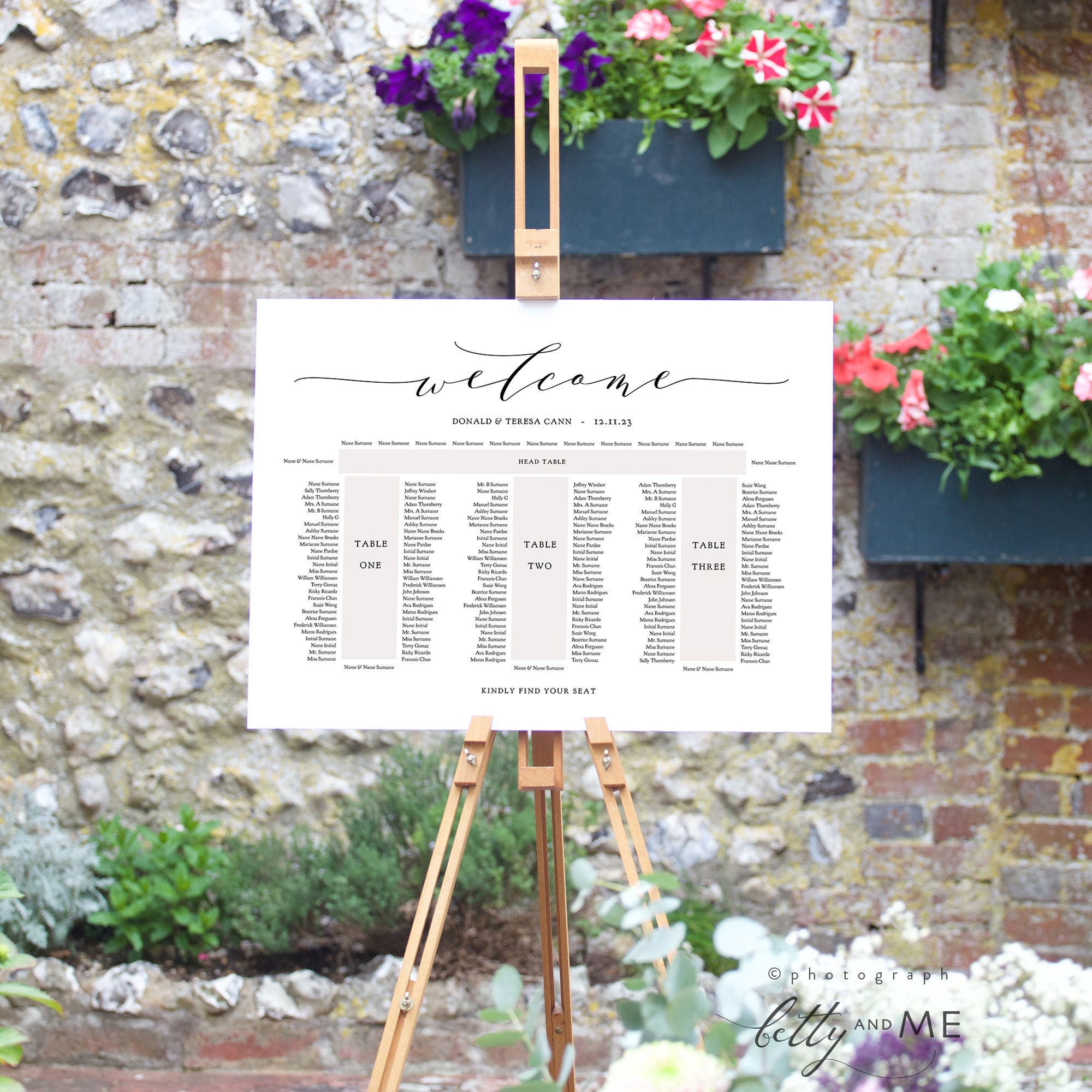 Banquet Seating Chart 3 tables and top table, printable E shape table