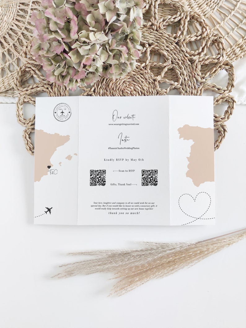 Destination Spain Wedding Invitations, Folded Gatefold Invitation Templates, Destination Wedding, Canva Templates image 8