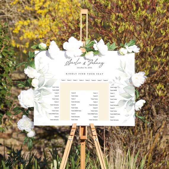 Greenery U Shaped Seating Plan, Horseshoe Seating Plan, Printable Table Plan Template, Leaf & Gold, Canva Templates | 80G