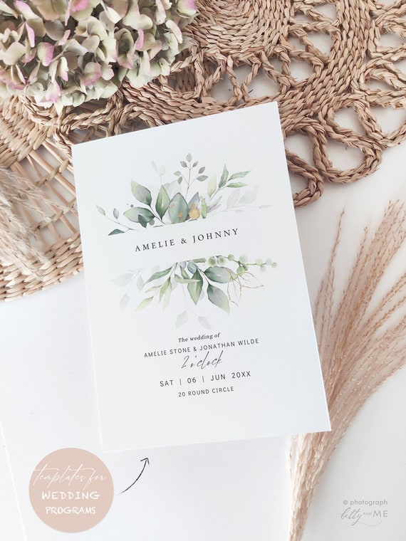 Greenery Folded Wedding Program Booklets, Printable Greenery Wedding Order of Service Booklets, Canva Templates | 80G