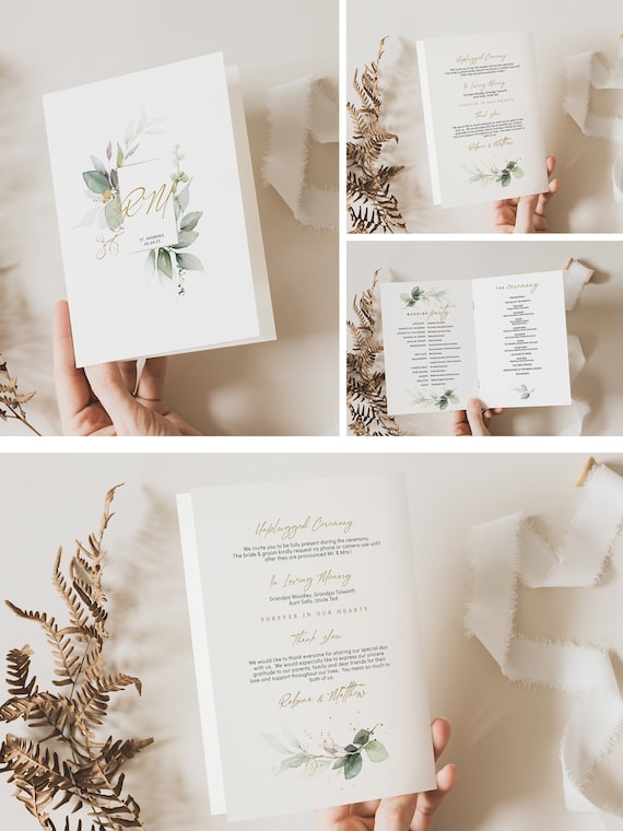 Leaf & Gold - Folded Wedding Program Booklets, Printable Greenery Wedding Order of Service Booklets, Corjl Templates, FREE Demo | 80G