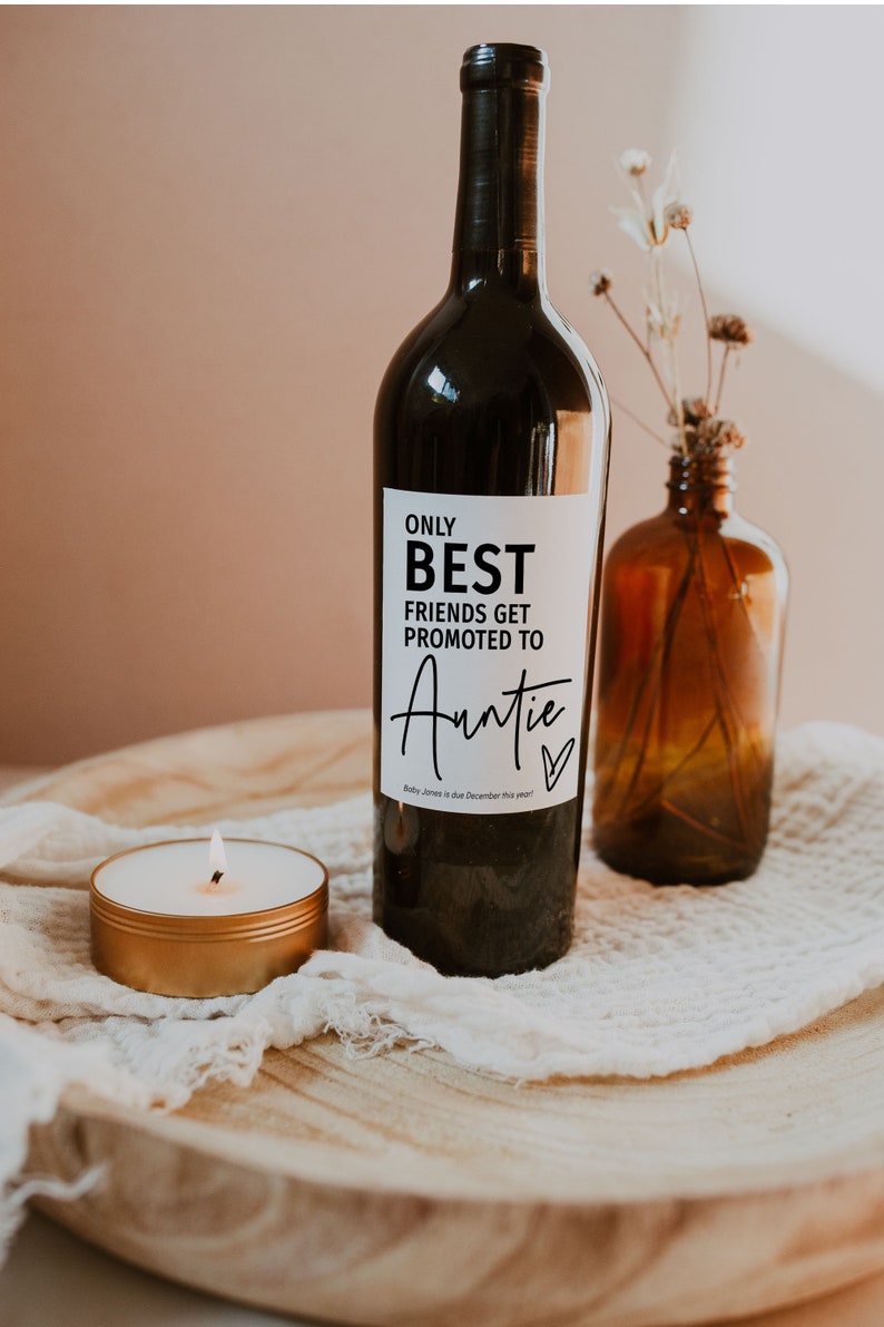 Only Best Friends get Promoted to Auntie, Canva Pregnancy Announcement Wine Label Template, Printable Labels, Canva Templates | 88 image 5