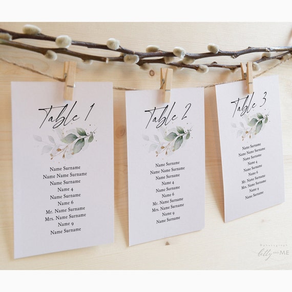 Hanging Seating Cards, Printable Greenery Hanging Frame Cards, Wedding Seating Plan, Table Plan, Canva Templates | 80G