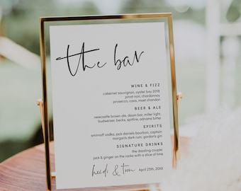 The Bar Sign, Minimalist Drink Menu Template, Modern Wedding Bar Menu, Elegant Wedding Drink Menu Printable, Corjl Template, FREE demo | 86