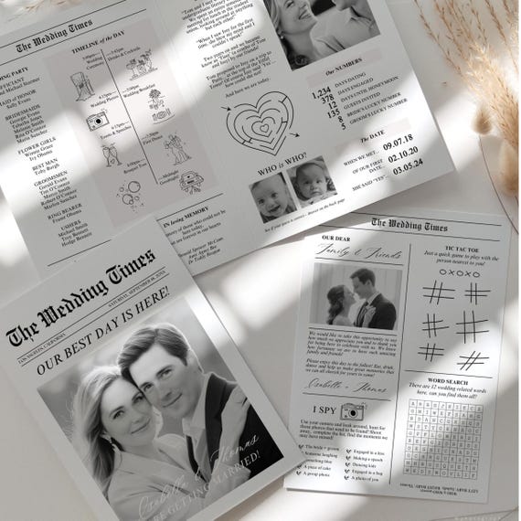 Canva Folded Printable Wedding Newspaper Program Template, Newlywed Newspaper Wedding Program, Infographic Ceremony Newspaper with Games