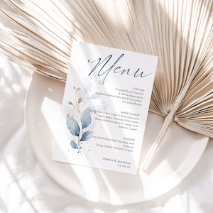 Dusty Blue Menu Cards, Wydrukowane Menu Weselne, Dusty Blue Wedding, Szablony Do Natychmiastowego Pobrania, Szablony Canva | 80 Dusty Blue