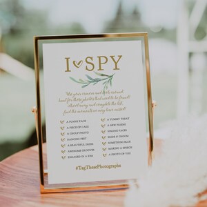 I Spy Wedding Game, I Spy Printable Sign, Wedding Signs 4x6, 4x9, 5x7 and 8x10, Disposable Camera, Greenery, Corjl Template, FREE Demo image 3