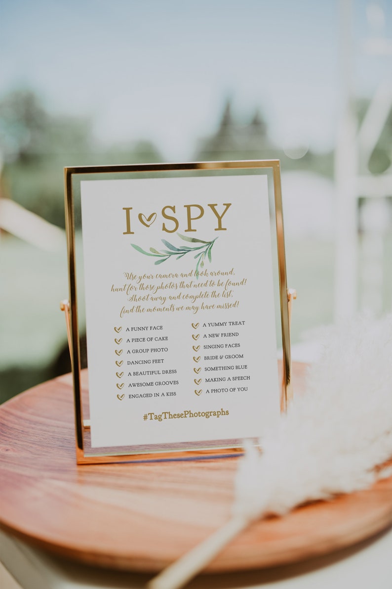 I Spy Wedding Game, I Spy Printable Sign, Wedding Signs 4x6, 4x9, 5x7 and 8x10, Disposable Camera, Greenery, Corjl Template, FREE Demo image 3