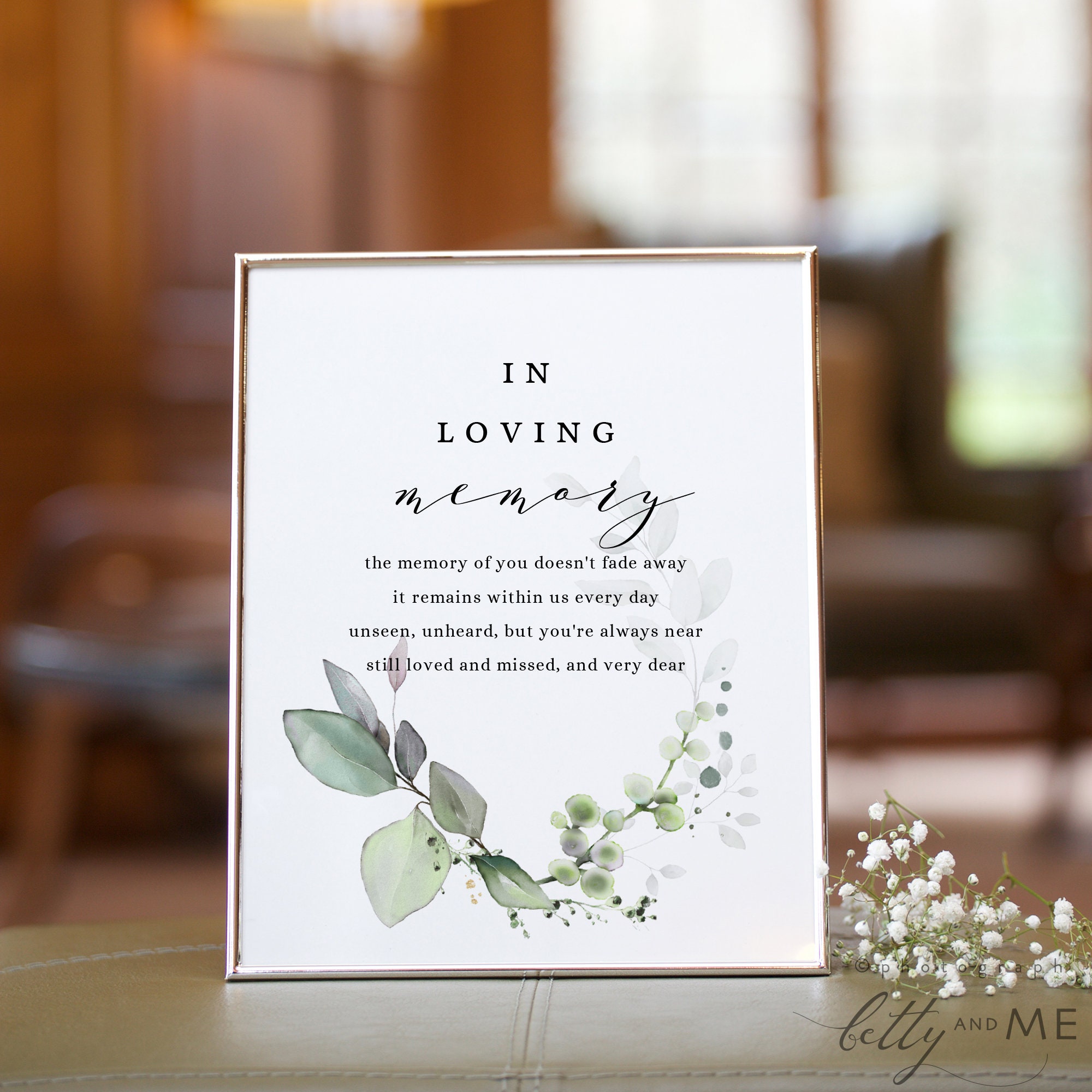 Leaf Gold In Loving Memory Printable Template Memorial Table Sign 
