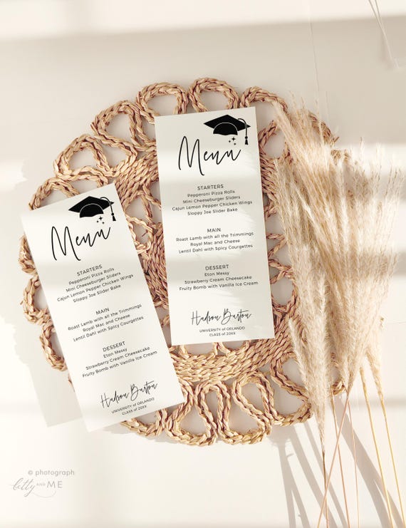 Menu for Graduation Party, Graduates Menu, Graduation Party Table Decorations, Long Graduation Menus, Graduate Decor, Canva Templates | 88